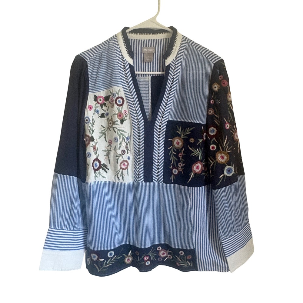 Chicos Patchwork Floral Embroidered Tunic Blouse Blue White Striped Size 1 8/10